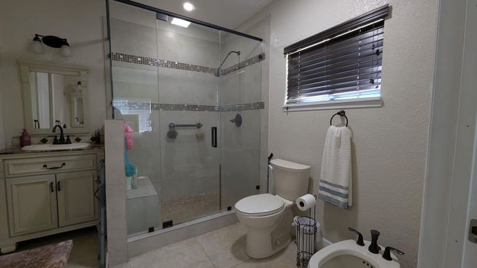 Bathroom, Glass Shower, Interior, Recessed Lighting