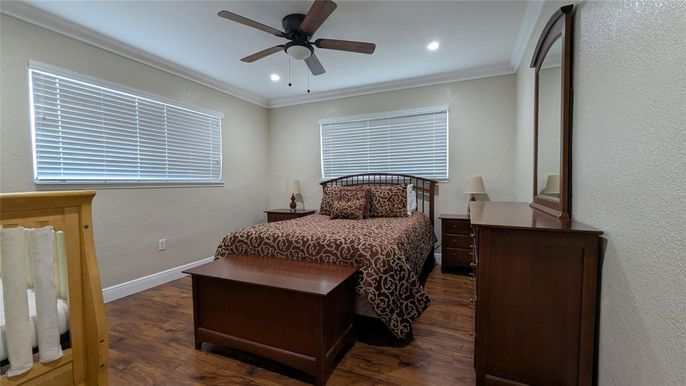 Bedroom, Interior, Recessed Lighting, Wood Texture Flooring