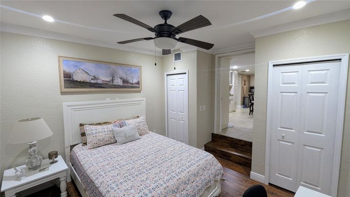 Bedroom, Interior, Recessed Lighting, Wood Texture Flooring