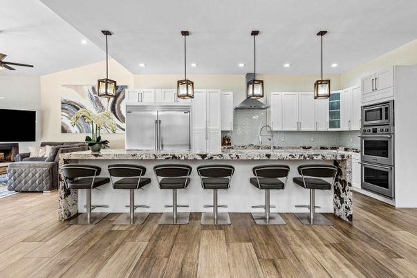 Interior, Kitchen, Pendant Lights, Recessed Lighting, Stainless Steel Appliances, Wood Texture Flooring