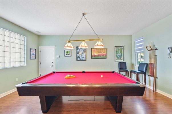 Billiard Table, Game Room, Interior, Pendant Lights, Wood Texture Flooring