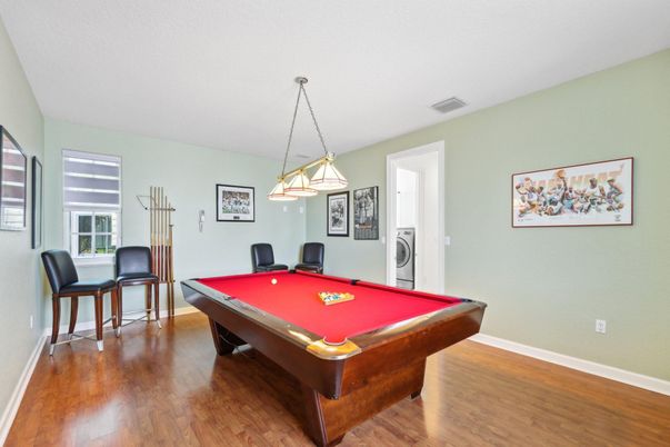 Billiard Table, Game Room, Interior, Pendant Lights, Wood Texture Flooring