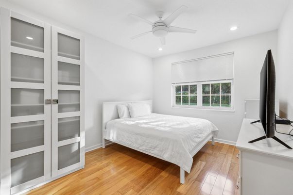 Bedroom, Interior, Recessed Lighting, Wood Texture Flooring