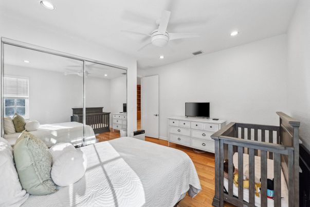 Bedroom, Interior, Recessed Lighting, Wood Texture Flooring