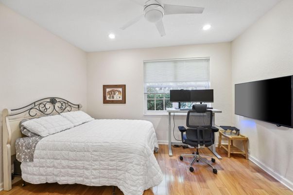 Bedroom, Home Office, Interior, Recessed Lighting, Wood Texture Flooring