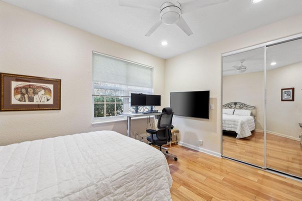 Bedroom, Home Office, Interior, Recessed Lighting, Wood Texture Flooring