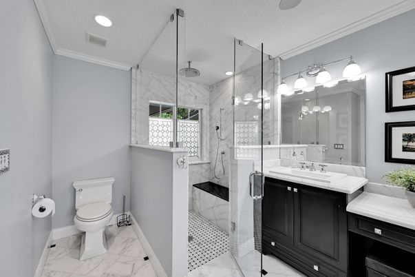Bathroom, Glass Shower, Interior, Marble, Marble Walls, Recessed Lighting