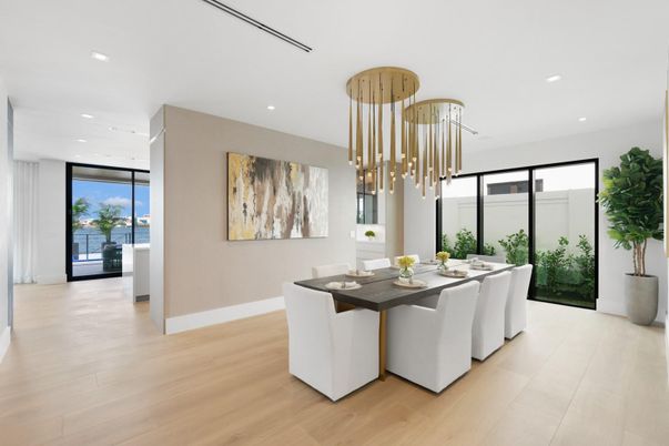 Dining room, Interior, Pendant Lights, Recessed Lighting, Wood Texture Flooring