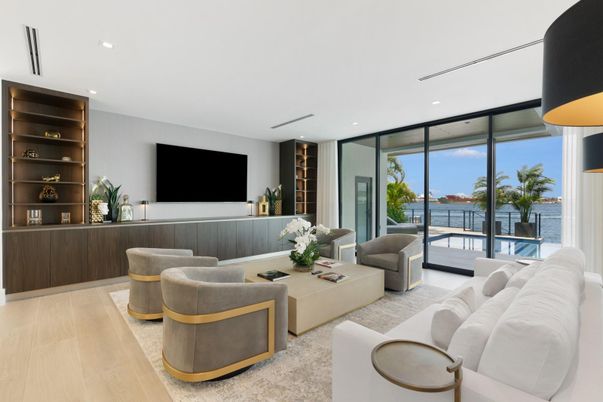Interior, Living room, Recessed Lighting, Water, Wood Texture Flooring