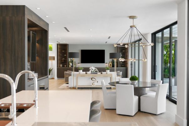 Dining room, Interior, Living room, Pendant Lights, Recessed Lighting, Wood Texture Flooring