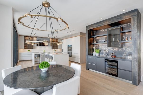 Dining room, Interior, Kitchen, Pendant Lights, Recessed Lighting, Wood Texture Flooring