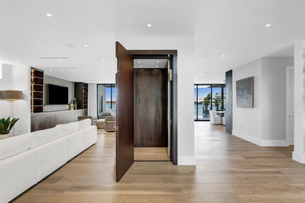 Elevator, Interior, Living room, Recessed Lighting, Wood Texture Flooring, Wooden Walls
