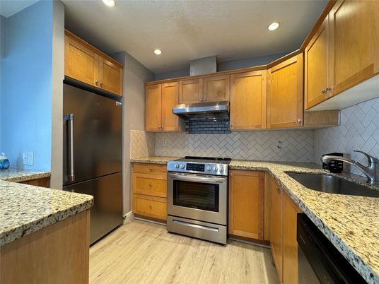 Interior, Kitchen, Recessed Lighting, Stainless Steel Appliances, Wood Texture Flooring