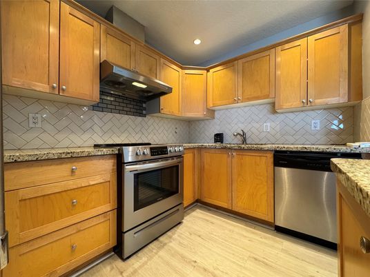 Interior, Kitchen, Recessed Lighting, Stainless Steel Appliances, Wood Texture Flooring
