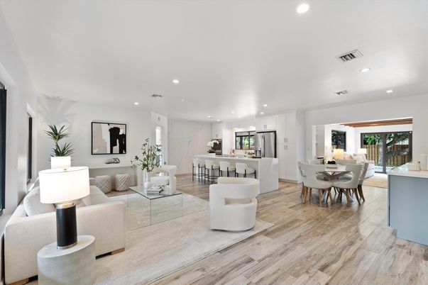 Dining room, Interior, Kitchen, Living room, Pendant Lights, Recessed Lighting, Stainless Steel Appliances, Wood Texture Flooring