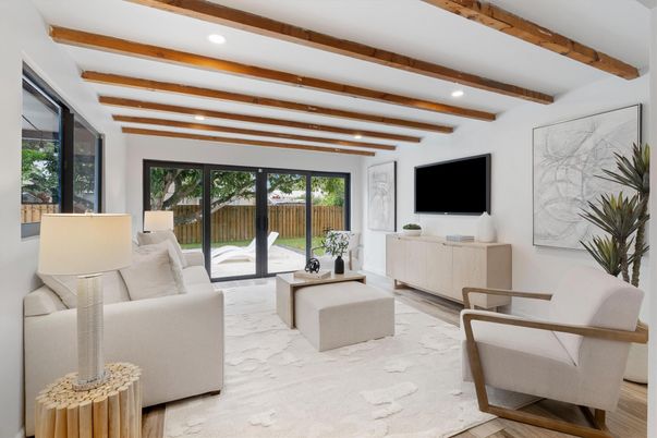 Interior, Living room, Recessed Lighting, Wooden Beams, Wood Texture Flooring