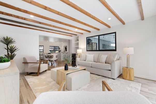 Dining room, Interior, Living room, Recessed Lighting, Wooden Beams, Wood Texture Flooring