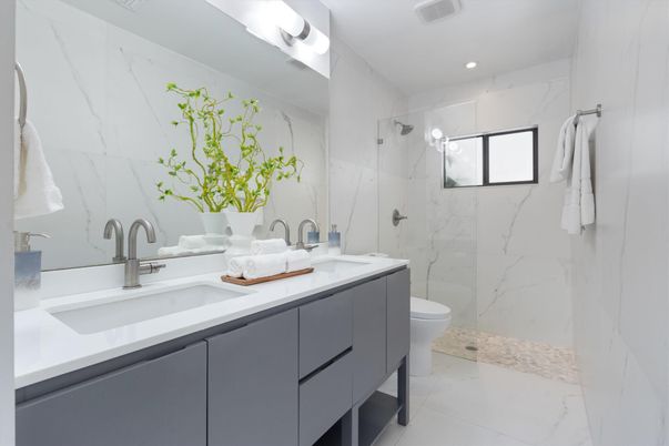 Bathroom, Dual Sink Vanities, Glass Shower, Interior, Marble, Marble Walls, Recessed Lighting