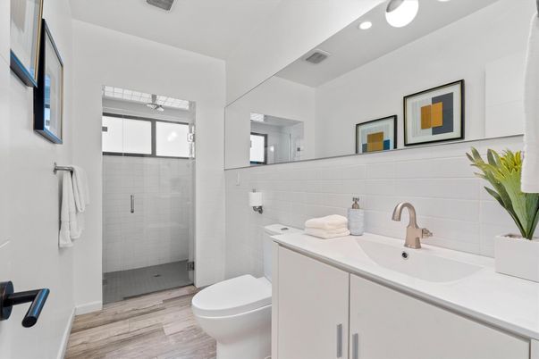 Bathroom, Glass Shower, Interior, Recessed Lighting, Wood Texture Flooring