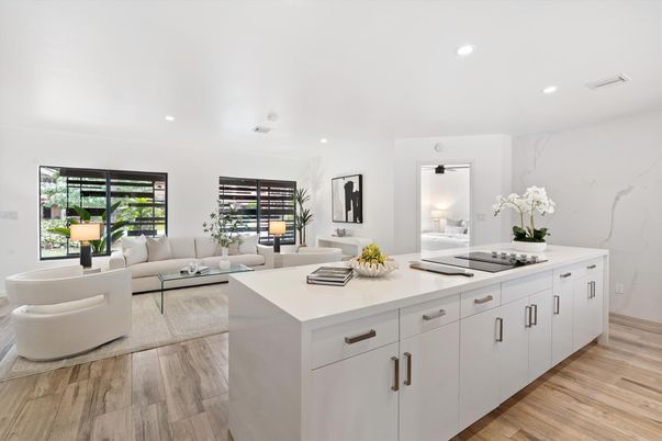 Interior, Kitchen, Living room, Marble Walls, Recessed Lighting, Wood Texture Flooring
