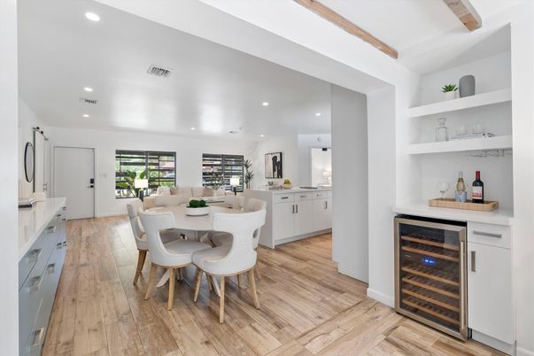 Dining room, Interior, Kitchen, Recessed Lighting, Wood Texture Flooring