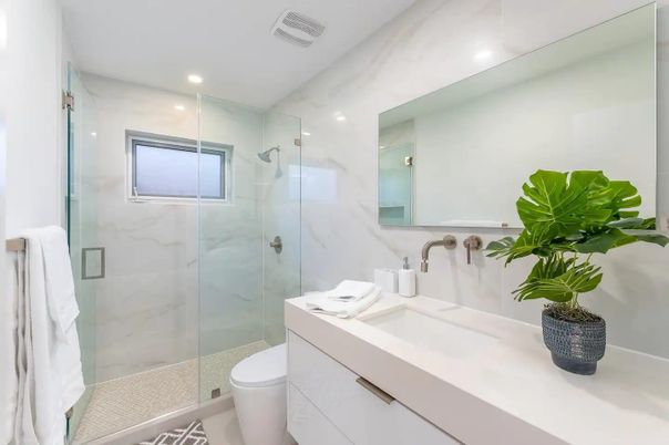 Bathroom, Glass Shower, Interior, Marble Walls, Recessed Lighting