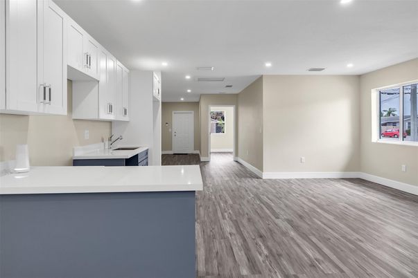 Interior, Kitchen, Recessed Lighting, Wood Texture Flooring
