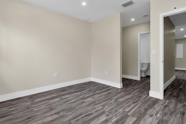 Bathroom, Empty room, Interior, Recessed Lighting, Wood Texture Flooring