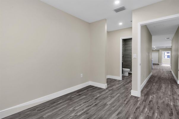 Bathroom, Empty room, Interior, Recessed Lighting, Wood Texture Flooring