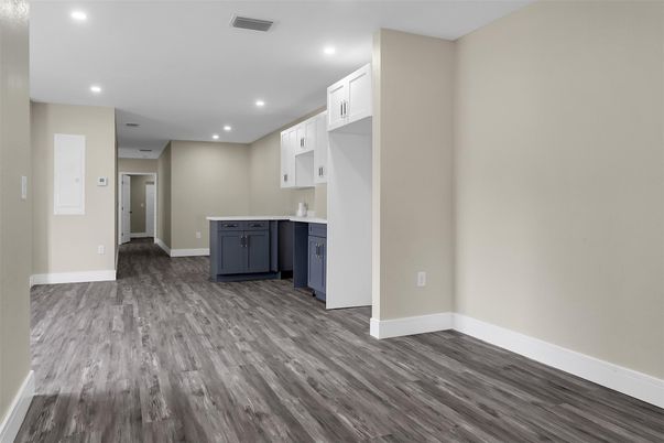 Empty room, Interior, Kitchen, Recessed Lighting, Wood Texture Flooring