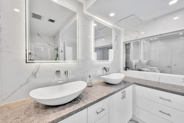 Bathroom, Dual Sink Vanities, Glass Shower, Interior, Marble Walls, Recessed Lighting