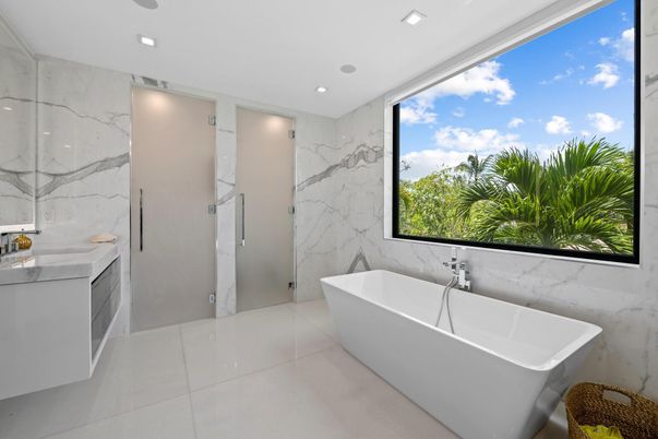Bathroom, Dual Sink Vanities, Free Standing Baths, Interior, Marble Walls, Recessed Lighting