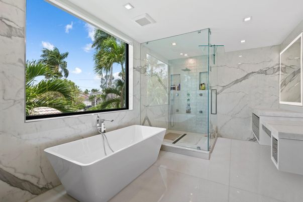 Bathroom, Free Standing Baths, Glass Shower, Interior, Marble Walls, Recessed Lighting
