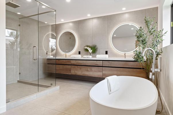 Bathroom, Dual Sink Vanities, Free Standing Baths, Glass Shower, Interior, Recessed Lighting
