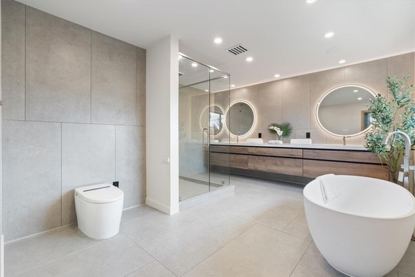 Bathroom, Dual Sink Vanities, Free Standing Baths, Glass Shower, Interior, Recessed Lighting