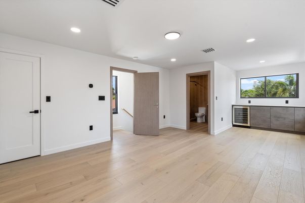 Bathroom, Empty room, Interior, Recessed Lighting, Wood Texture Flooring