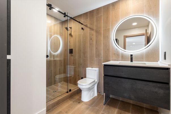 Bathroom, Glass Shower, Interior, Recessed Lighting, Wood Texture Flooring
