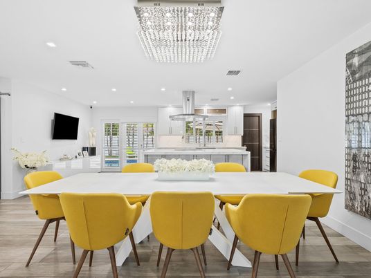 Chandelier, Dining room, Interior, Kitchen, Recessed Lighting, Wood Texture Flooring