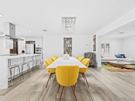 Dining room, Interior, Kitchen, Recessed Lighting, Stainless Steel Appliances, Wood Texture Flooring