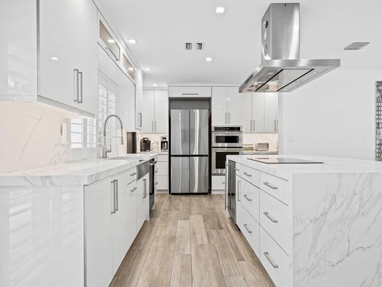 Interior, Kitchen, Recessed Lighting, Stainless Steel Appliances, Wood Texture Flooring