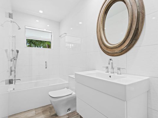 Bathroom, Glass Shower, Interior, Recessed Lighting, Wood Texture Flooring