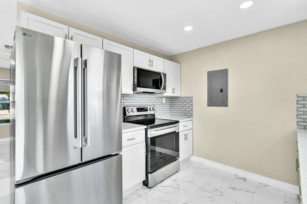 Interior, Kitchen, Marble, Recessed Lighting, Stainless Steel Appliances
