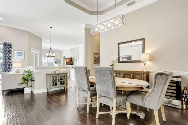 Dining room, Interior, Kitchen, Pendant Lights, Recessed Lighting, Wood Texture Flooring