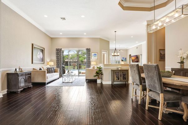 Dining room, Interior, Living room, Pendant Lights, Recessed Lighting, Wood Texture Flooring