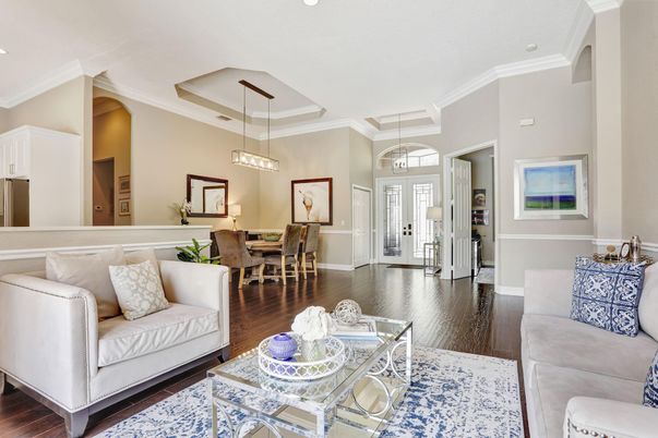 Dining room, Interior, Living room, Pendant Lights, Recessed Lighting, Wood Texture Flooring