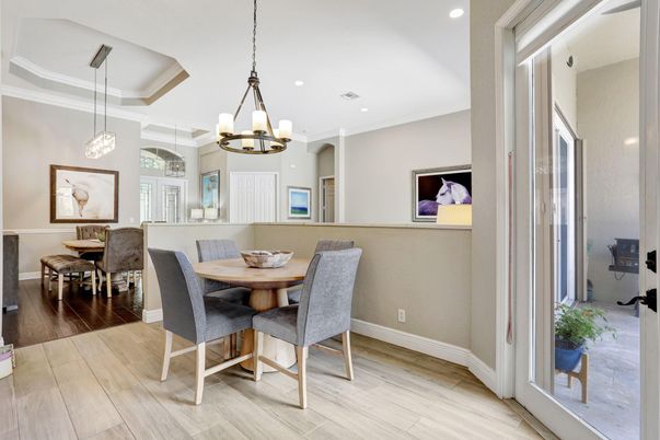 Chandelier, Dining room, Interior, Pendant Lights, Recessed Lighting, Wood Texture Flooring