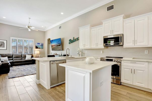 Interior, Kitchen, Living room, Recessed Lighting, Stainless Steel Appliances, Wood Texture Flooring