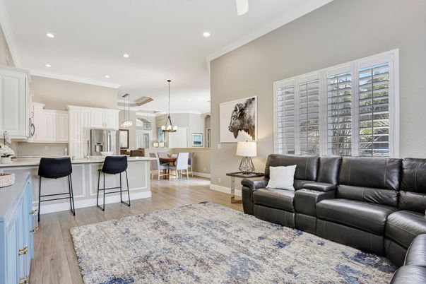 Dining room, Interior, Kitchen, Living room, Pendant Lights, Recessed Lighting, Stainless Steel Appliances, Wood Texture Flooring