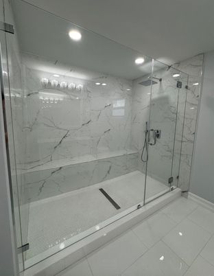 Bathroom, Glass Shower, Interior, Marble Walls, Recessed Lighting