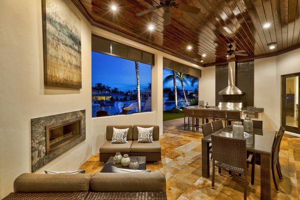 Dining room, Fireplace, Interior, Living room, Pendant Lights, Recessed Lighting, Wooden Ceilings
